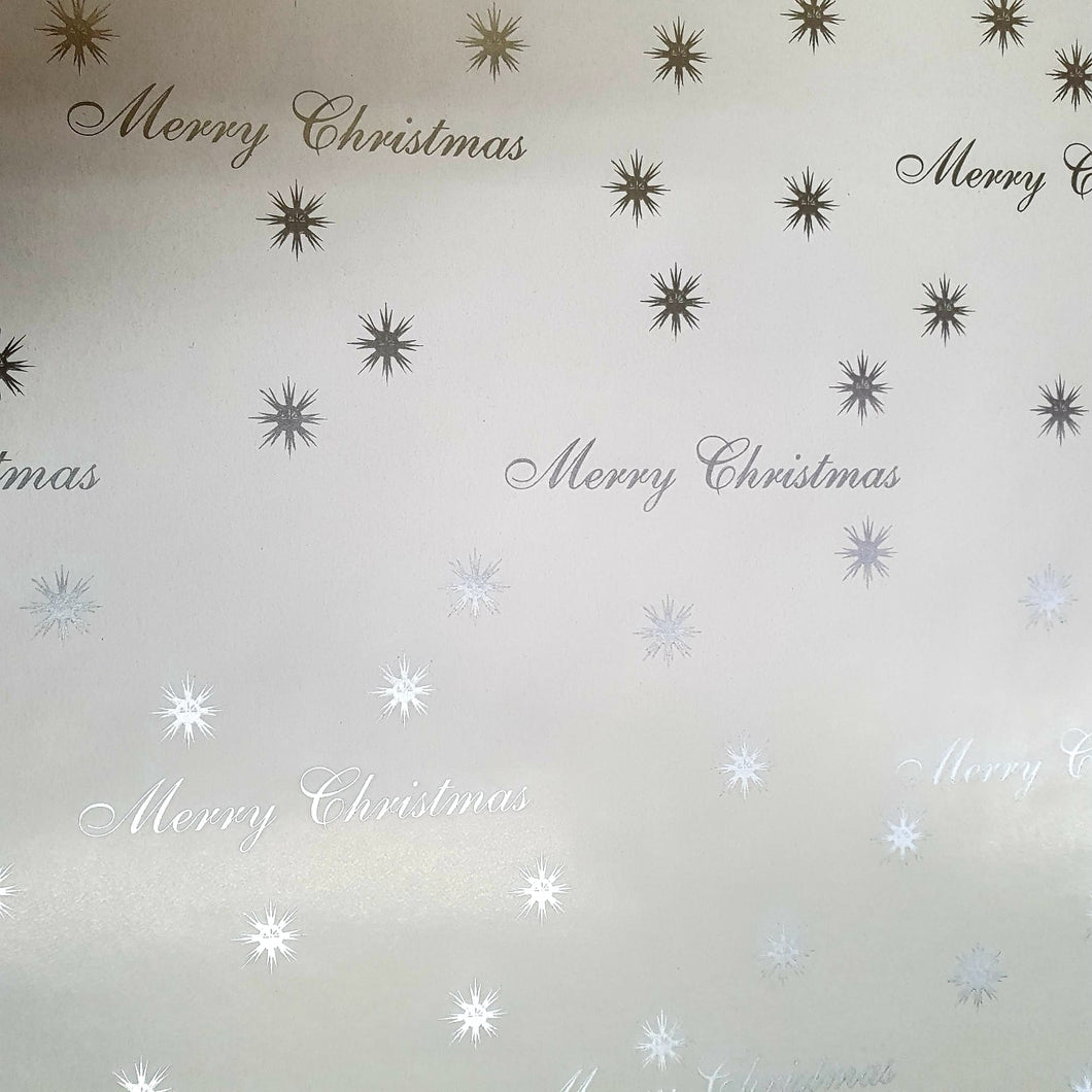 Christmas Wrapping Paper White with Silver Merry Christmas with Silver Stars