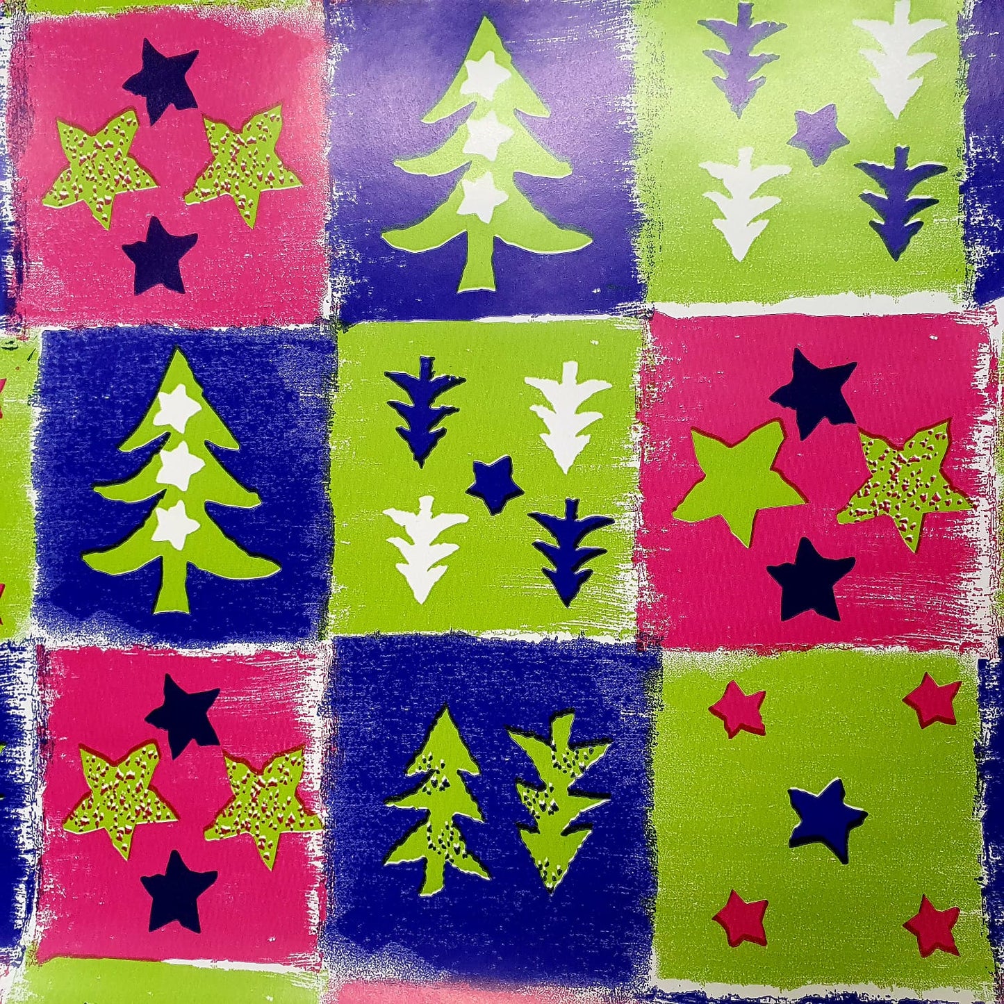 Christmas Wrapping paper Blue, Pink and Green Squares with Green and Blue Trees and Stars