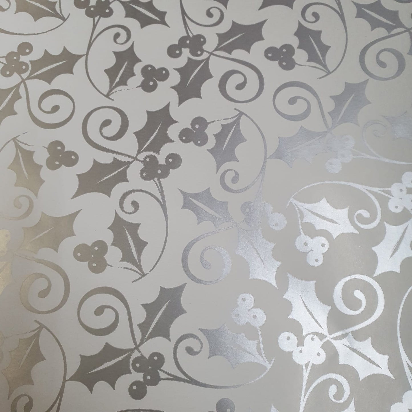 Christmas Wrapping Paper Metallic Silver Holly (10 or 50 Meter Roll)
