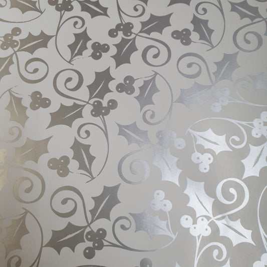 Christmas Wrapping Paper Metallic Silver Holly (10 or 50 Meter Roll)
