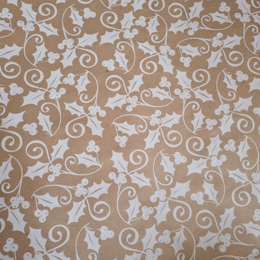 Christmas Wrapping Paper Kraft with White Holly (10 or 50 Meter Roll)