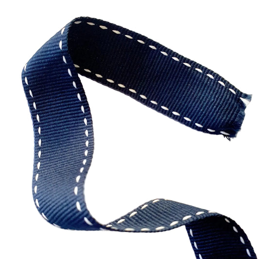 Petersham Ribbon Navy Blue with White Side Stitch 25mm