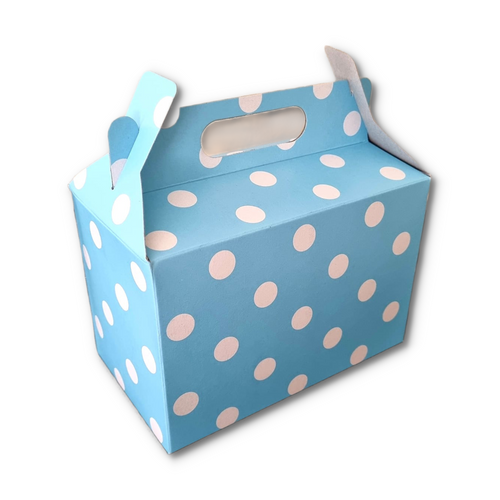 Baby Blue with White Polka Dot Party Box  Size in mm 180L x 105W x 129H 12 Units  Per Pack Flat Pack 