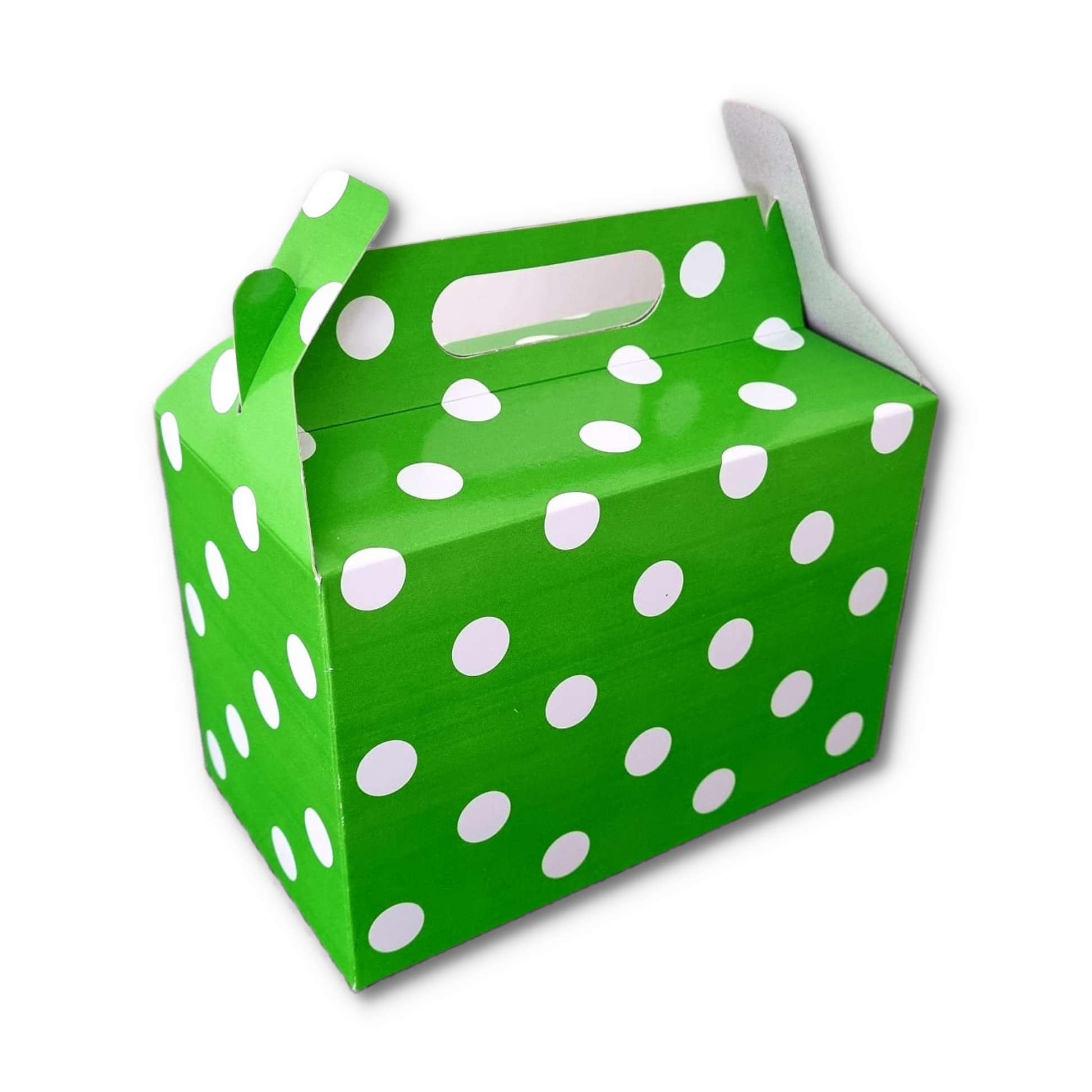 Green with White Polka Dot Party Box  Size in mm 180L x 105W x 129H 12 Units  Per Pack Flat Pack 