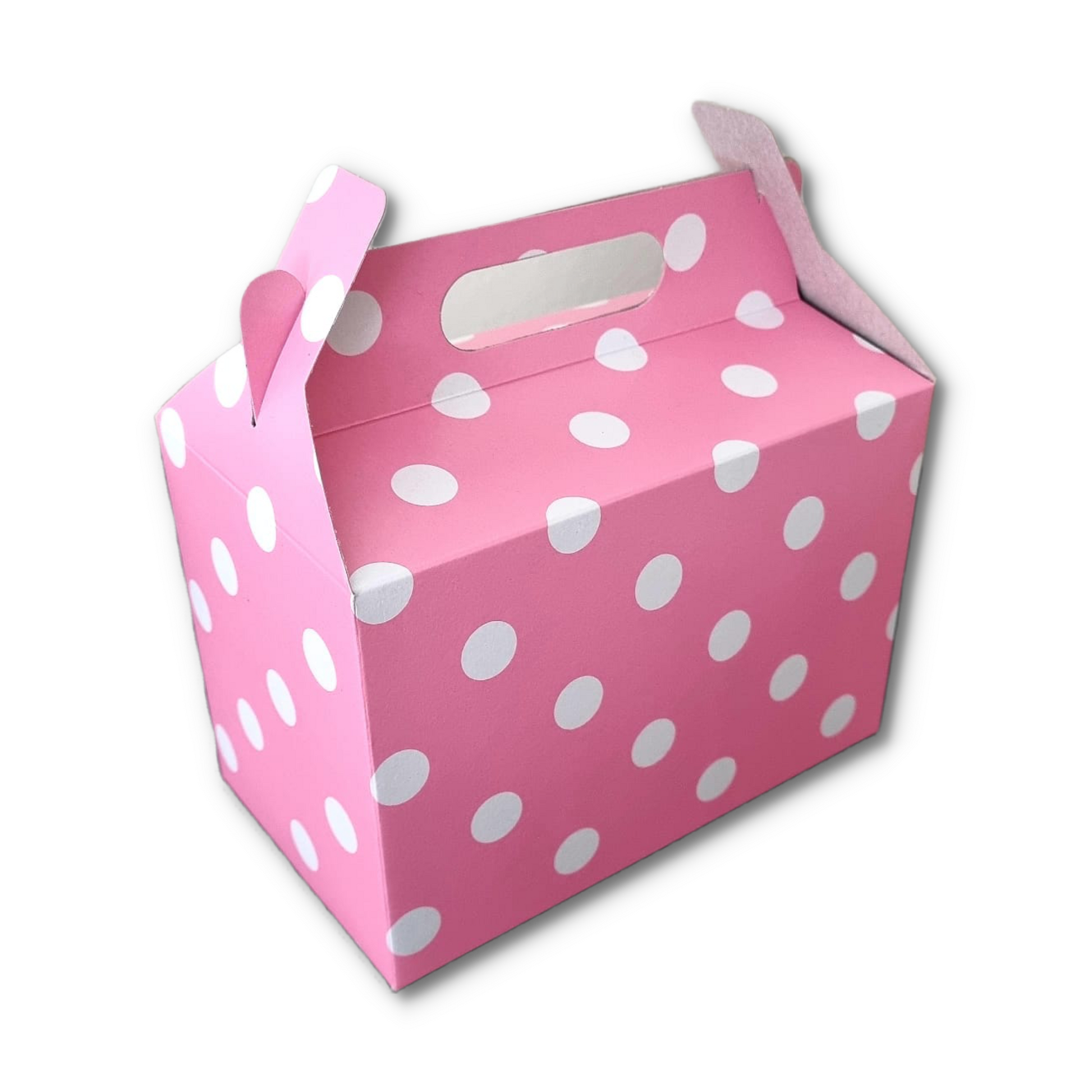 Pink with White Polka Dot Party Box  Size in mm 180L x 105W x 129H 12 Units  Per Pack Flat Pack 