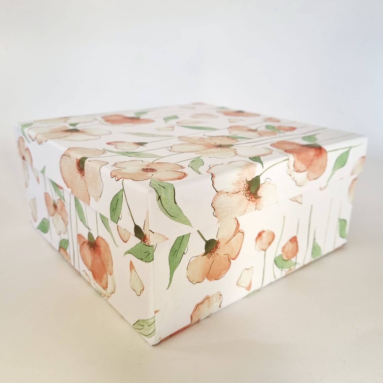 Gift Box Square Pink Flowers Design, Size in mm 215L x 215W x 100H Sq 4 Hand Painted then Printed Hand Made Made in SA Shop Local