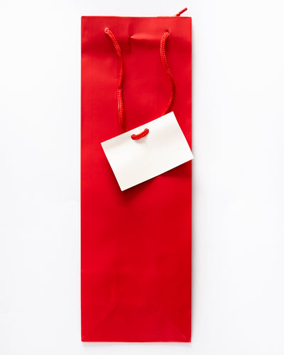 Red Bottle Bag with Cord Handle and Tag