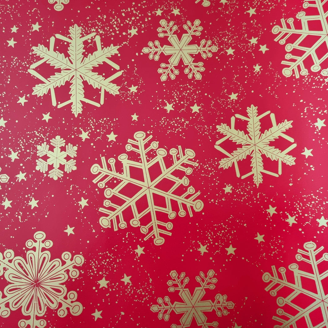 Christmas Wrapping Paper Red with Gold Snow Flakes (10 or 50 Meter Roll)