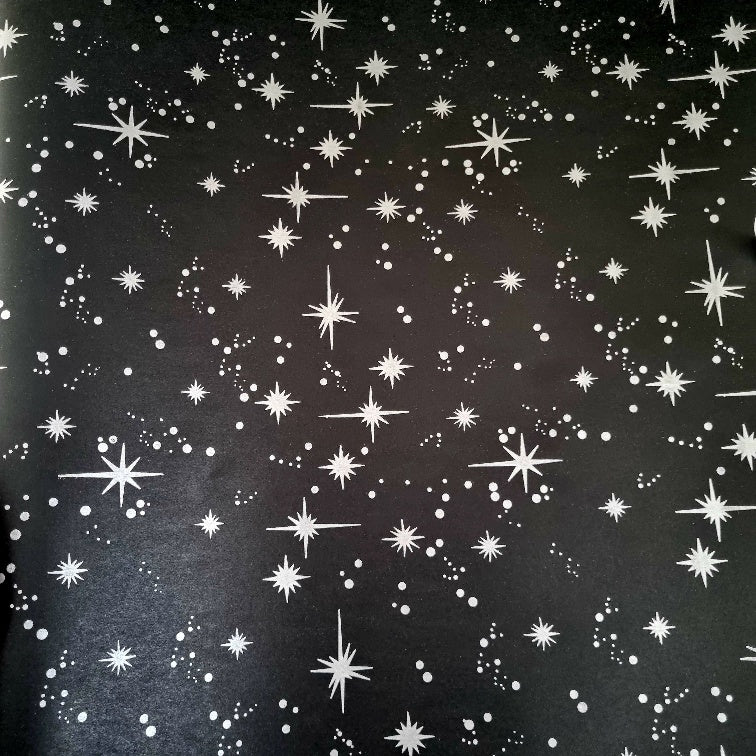 Black Wrapping Paper with Silver Stars. 10 meter roll x 500mm.