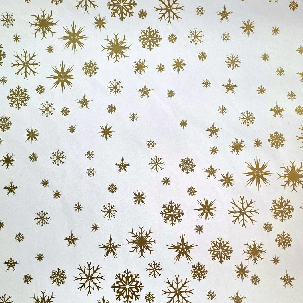 Christmas Wrapping Paper White with Small Gold Snow Flakes (10 & 50 Meter Roll)